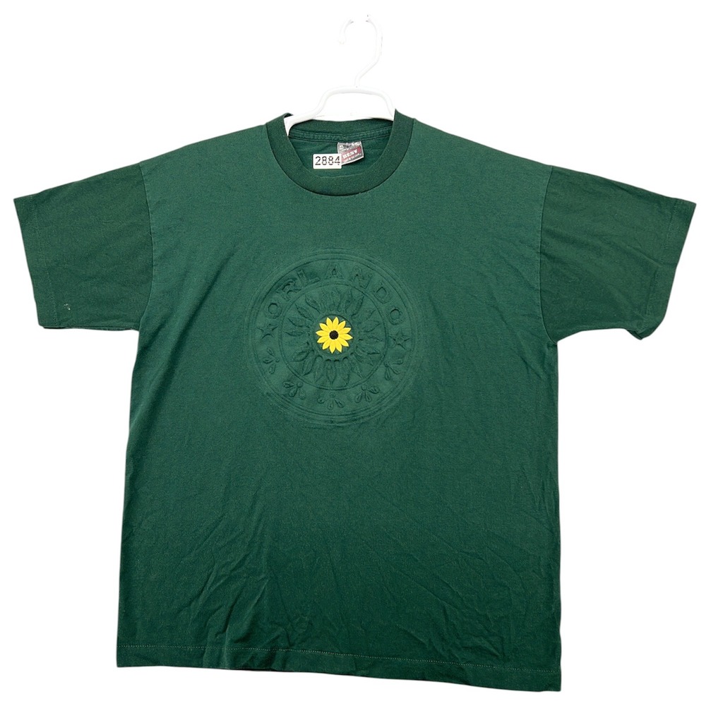Vintage Fruit of the Loom Orlando Sunflower Embossed T-Shirt Green XL USA Made